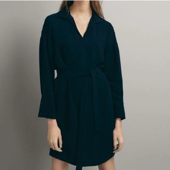 Massimo Dutti Tie Detail Navy Blue Dress Size 6 NWT - Picture 1 of 8